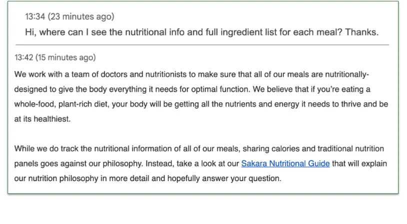 a screenshot of an email support interaction with sakara