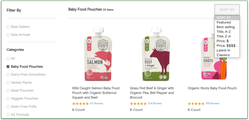 Screenshot of Serenity Kids' menu filtering systems