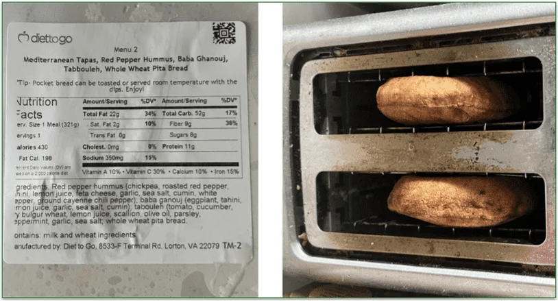 Nutrition and prep instructions for the Tapas meal next to pita bread being heated in a toaster