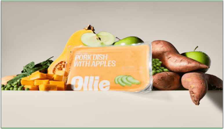 Ollie fresh pork meal packet surrounded by ingredients