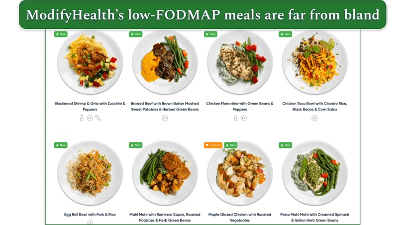 Menu showing ModifyHealth’s low-FODMAP meals