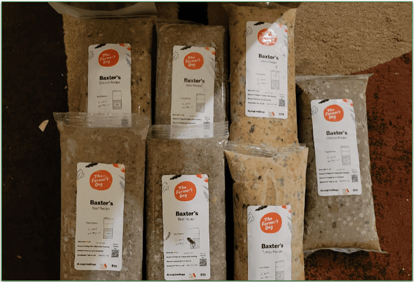 The Farmer’s Dog packaged meals labeled with Baxter’s name