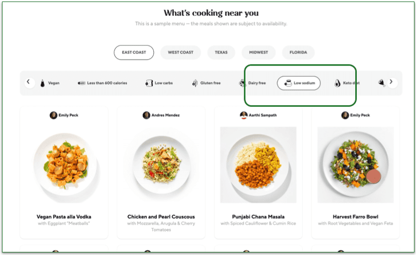 screenshot of CookUnity's menu with low sodium filter selected
