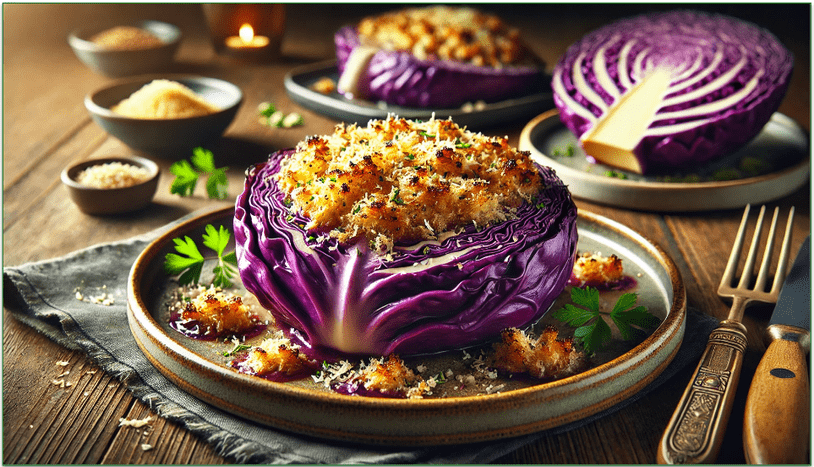 Purple cabbage steaks with a crispy topping served on a plate