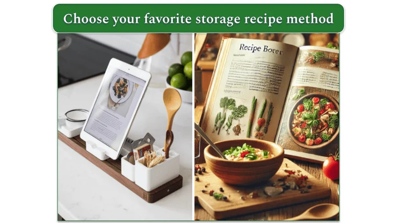 Parallel images of a recipe displayed on a tablet and one in a book