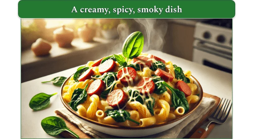 Sausage, spinach, and cheese pasta dish served in a bowl