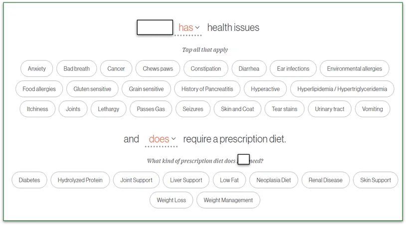 Screenshot of the health conditions and prescription diet screen during signup that lists various issues that may affect your dog such as allergies, joints, diabetes, and weight loss