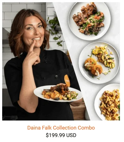 Chef Daina Falk holding a Home Bistro Meal and images of three other meals