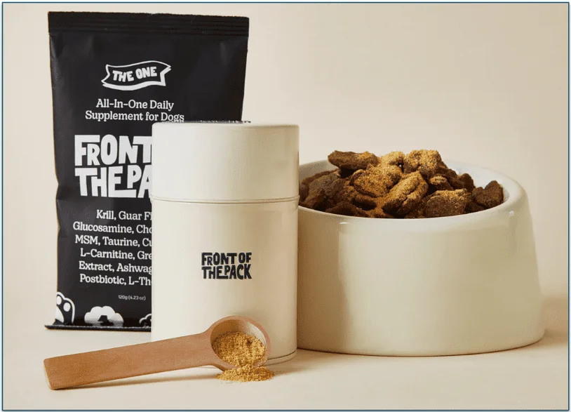 FOTP's packaging with a scoop and a bowl of dog food