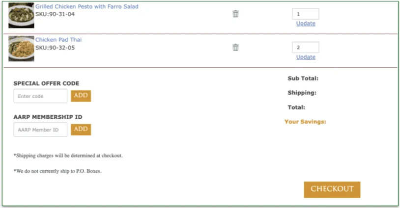 Screenshot of Silver Cuisine's check out button