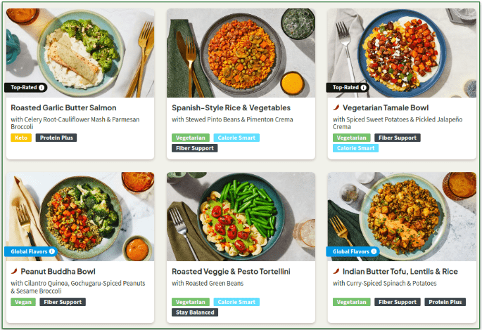 Screenshot of foods on Factor's menu