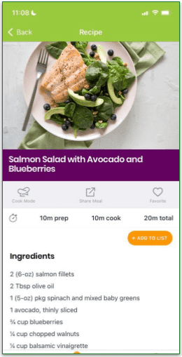 screenshot of eMeals Salmon Salad with Avocado and Blueberries recipe.