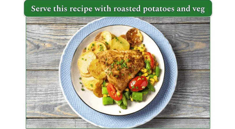 HelloFresh's Bayou-Spicecd Rockfish served with roasted potatoes and succotash