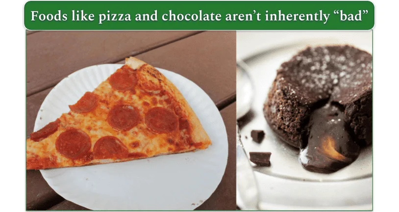A slice of pepperoni pizza and a chocolate cake with chocolate sauce