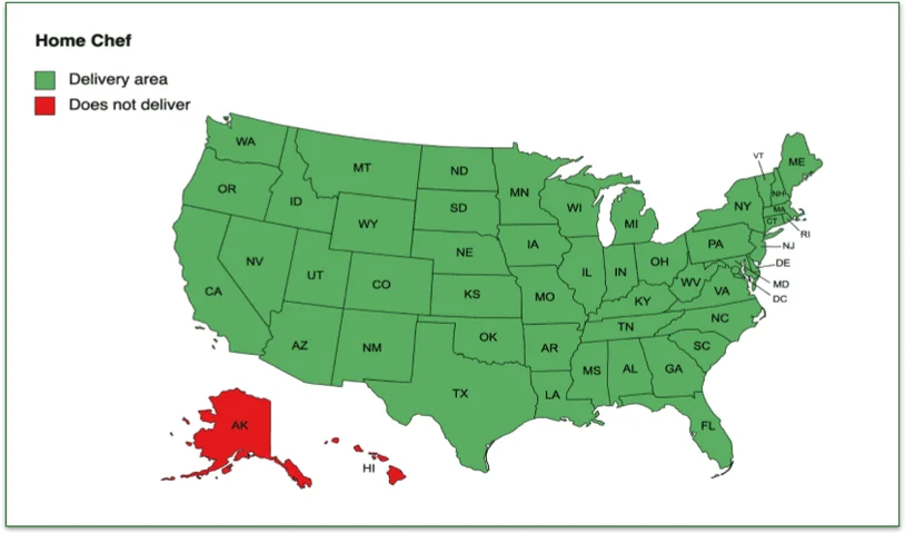 A map of Home Chef's delivery area