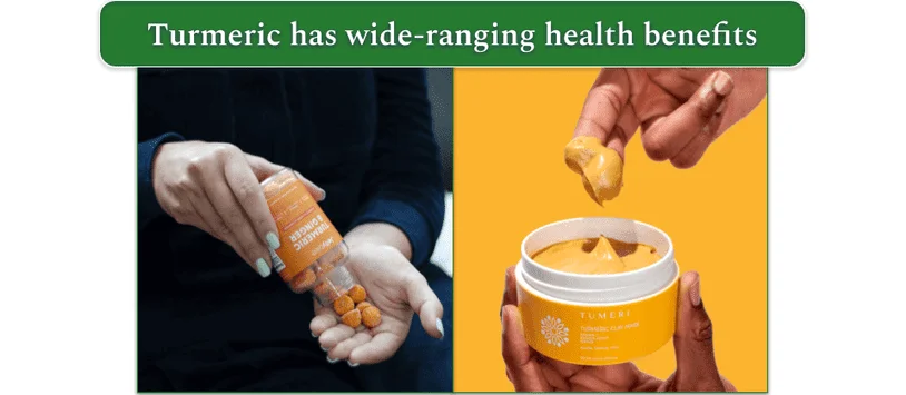 A person taking turmeric supplements and a jar of turmeric face cream