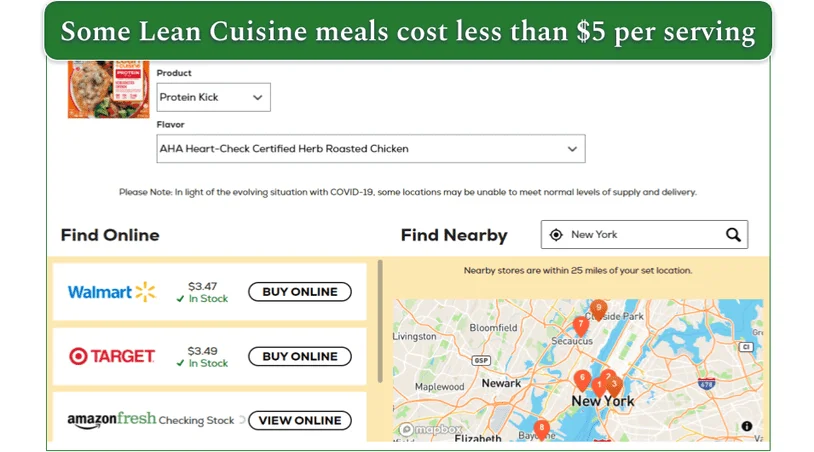 Example of a Lean Cuisine meal with price and stores shown