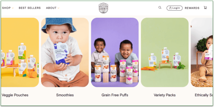 Serenity Kids' meal options including smoothies, veggie pouches, and variety packs