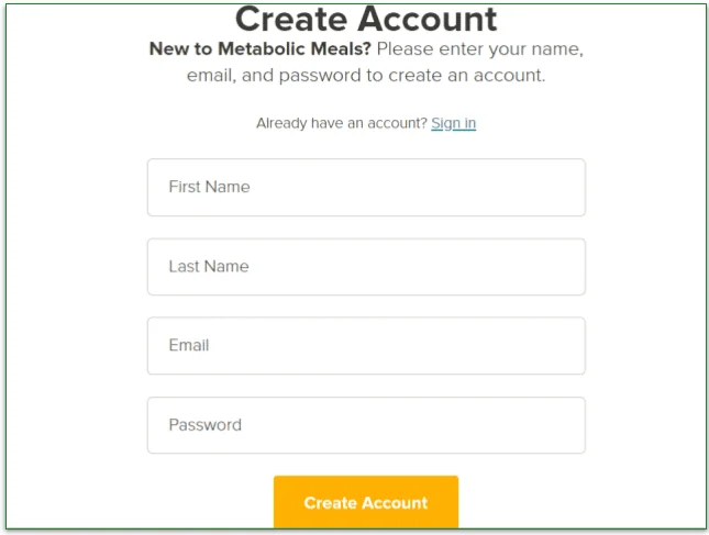 Metabolic Meals' sign up page