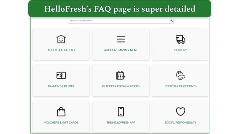 Screenshot of HelloFresh's FAQ page