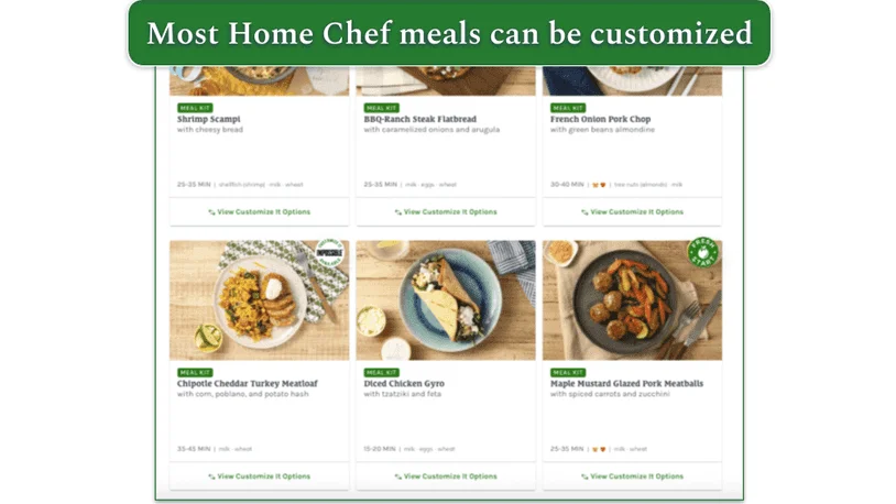 A screenshot of Home Chef's menu, with a box highlighting the Customize It button
