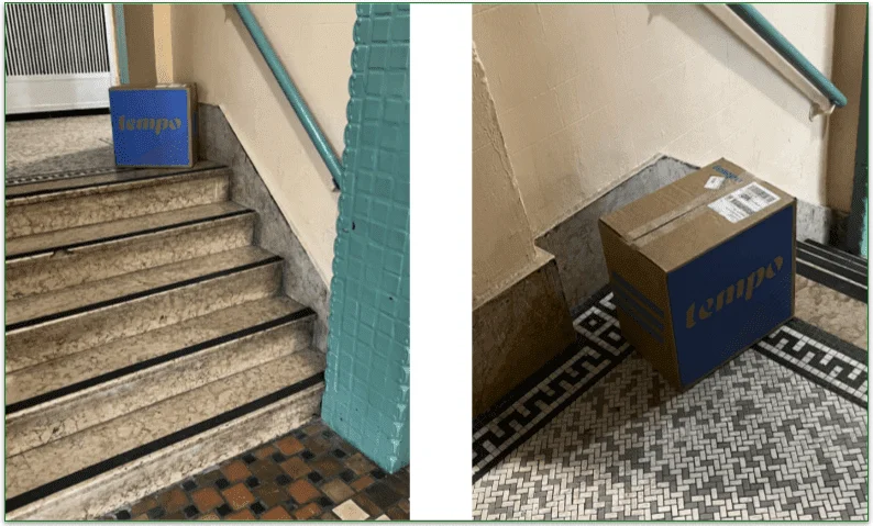 Photos to show Tempo delivery box at the top of a flight of steps leading up to an apartment