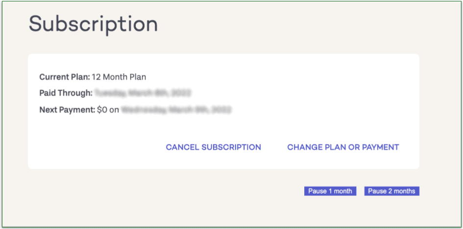 Screenshot of the PlateJoy account settings page from where you manage subscriptions 