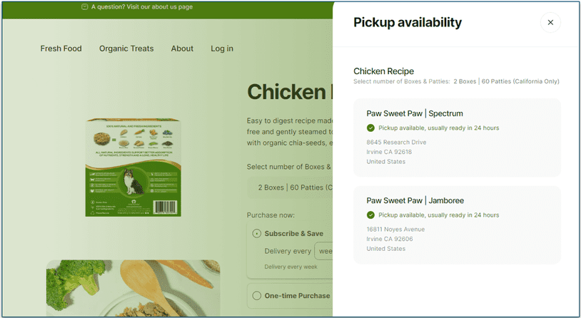 Pickup availability for an order in California