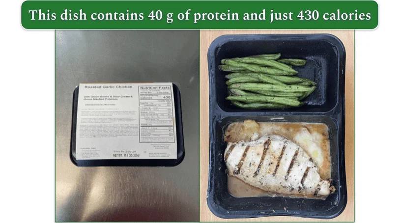 Roasted garlic chicken cardboard sleeve next to the meal in the microwave container
