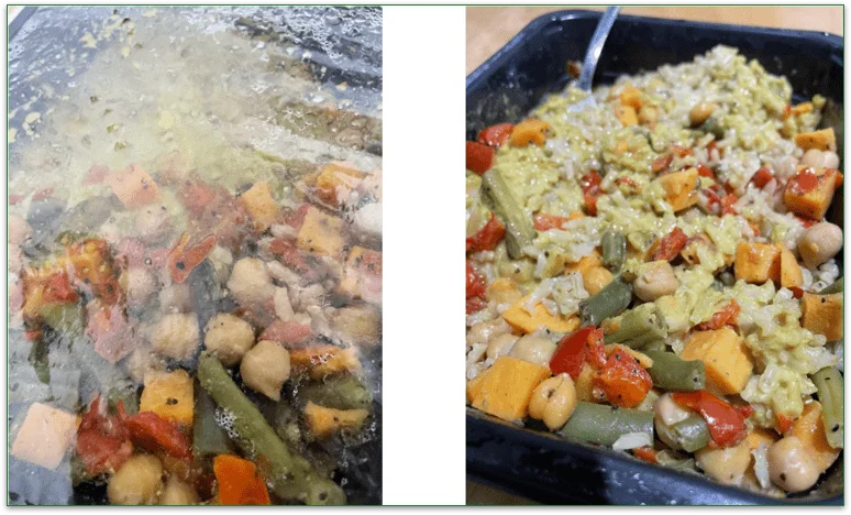 Photo of the meal covered by the film next to a photo of the meal in the tray with rice and curry mixed together
