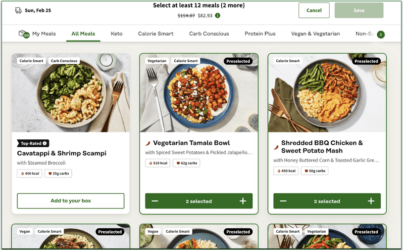 Factor's meal selection screen