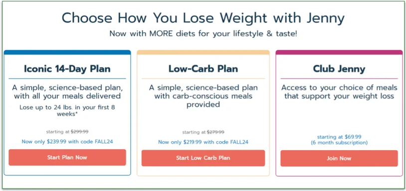 Jenny Craig's 3 plan options