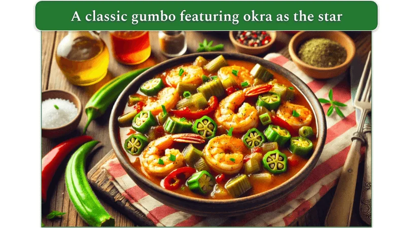 Okra and shrimp gumbo served in a bowl