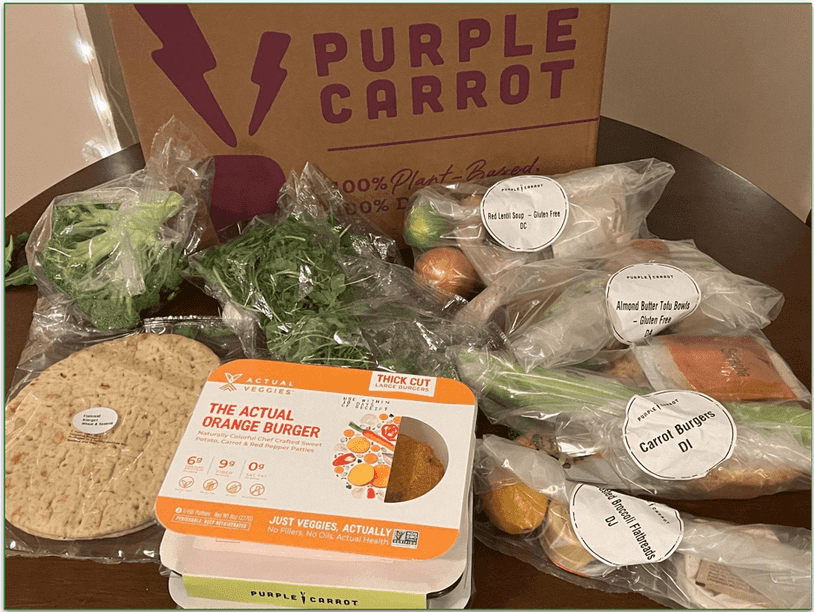 An unboxed Purple Carrot delivery