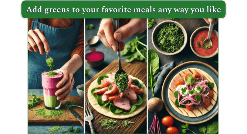 An image of adding small amounts of green vegetables to different meals.