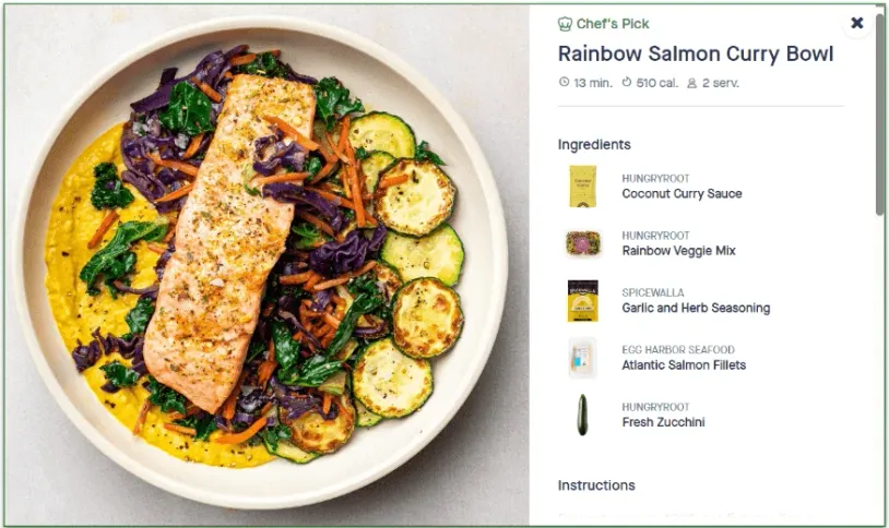 Screenshot of an anti-inflammatory meal option (Rainbow Salmon Curry Bowl) from HungryRoot