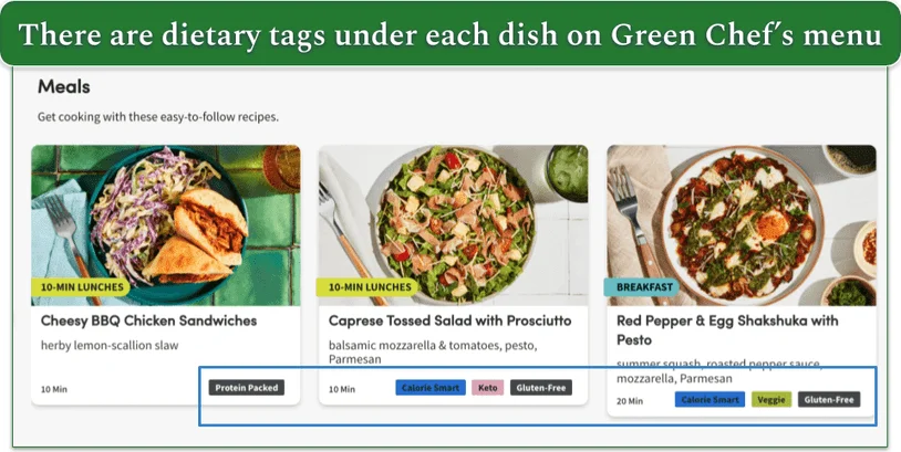 Green Chef's menu with dietary tags highlighted