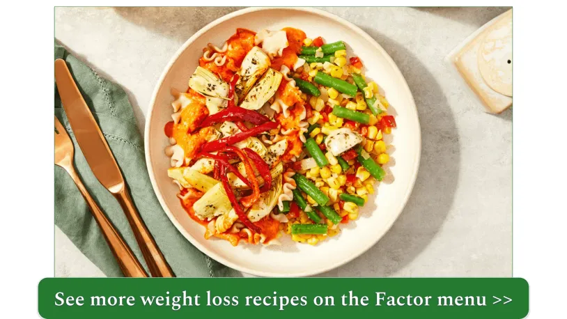 Roasted Artichoke & Red Pepper Cream Lasagnette with Green Bean, Corn & Bell Pepper Sauté (450 calories)