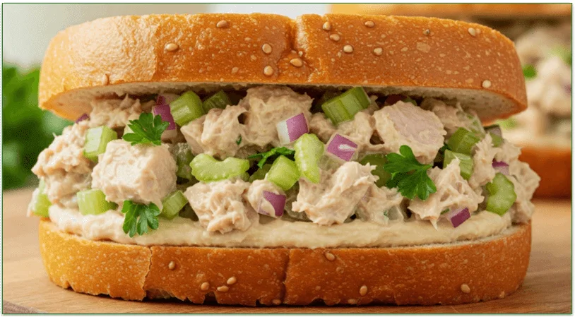 A tuna salad sandwich made with hummus.