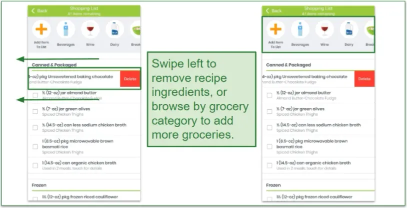 screenshot of removing or adding groceries to eMeals Shopping List