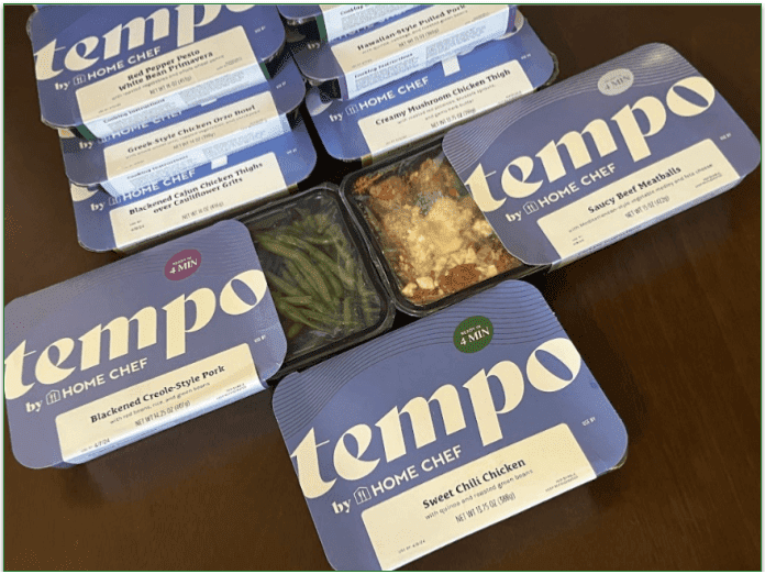 Photo of a selection of Tempo meals with sleeves removed to reveal the meals in plastic trays