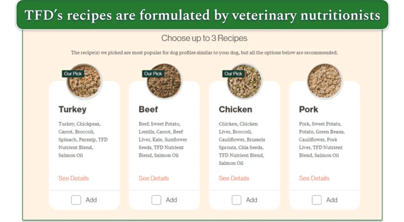 The 4 recipes offered by The Farmer's Dog