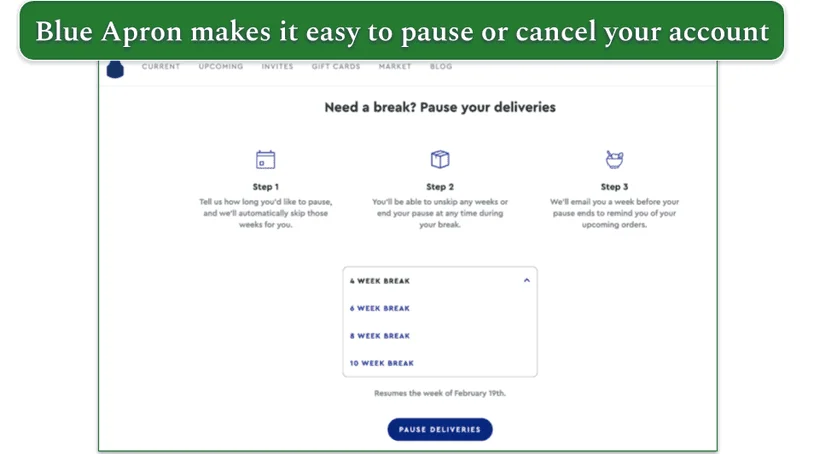 Blue Apron's pause deliveries page