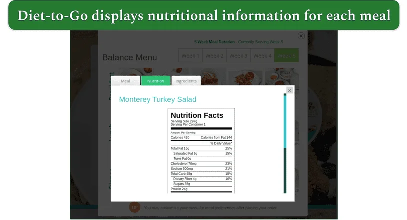 Nutritional information displayed on Diet-to-Go