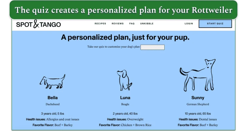Screenshot of Spot & Tango’s website showing 3 plans for different breeds
