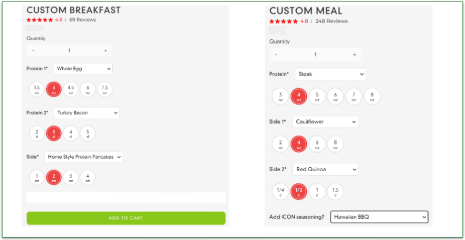 Icon Meals dish customization options