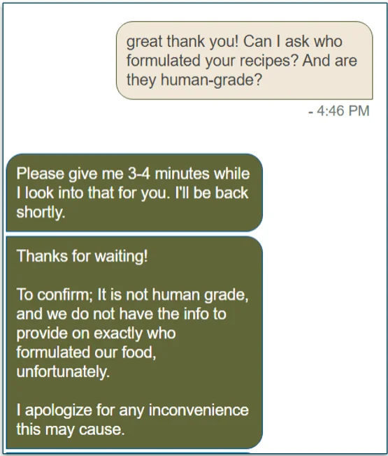 Conversation between the author and a Badlands Ranch customer service chat representative