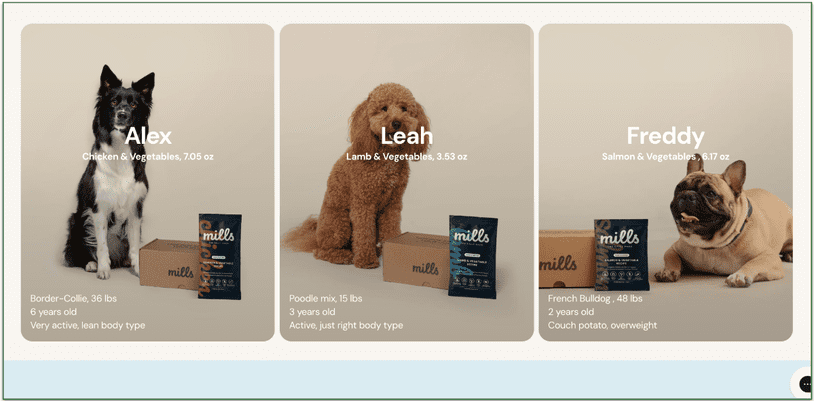 Screenshot from Mills website of 3 different dog breeds next to different size Mills packs with their basic details