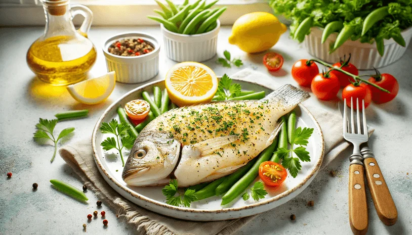 Tilapia fish served on a plate with lemon, tomato, and green beans