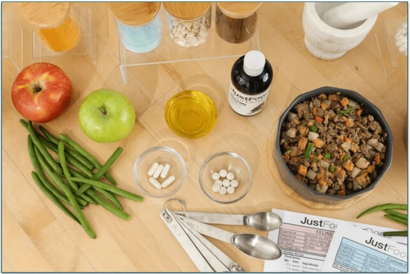 A bowl of JustFoodForDogs food surrounded by fresh ingredients and lab materials